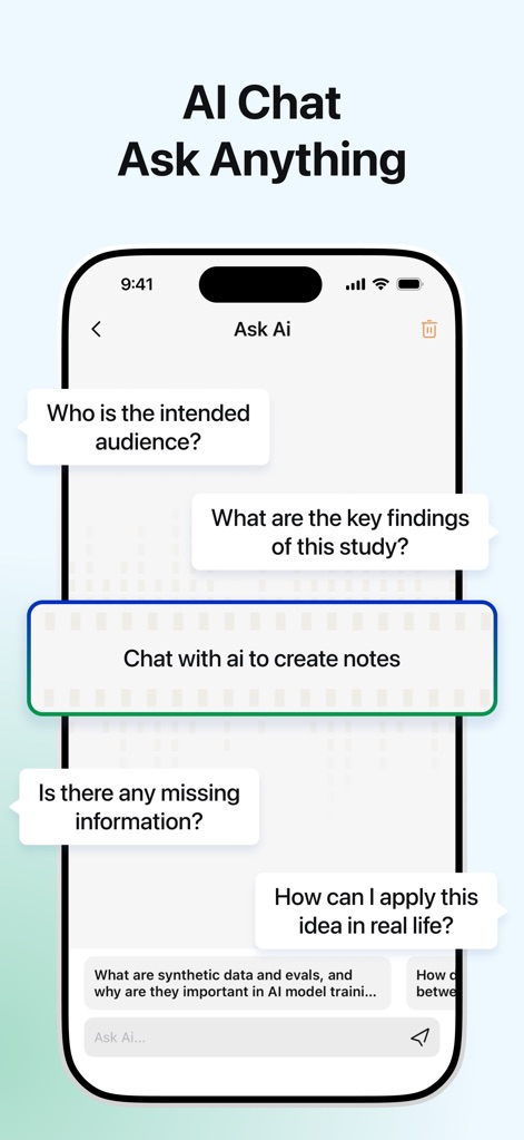 AI Notebook: Smart Note Taker - Engage with the app's interactive AI chat feature, allowing users to ask context-specific questions and receive instant, intelligent answers.