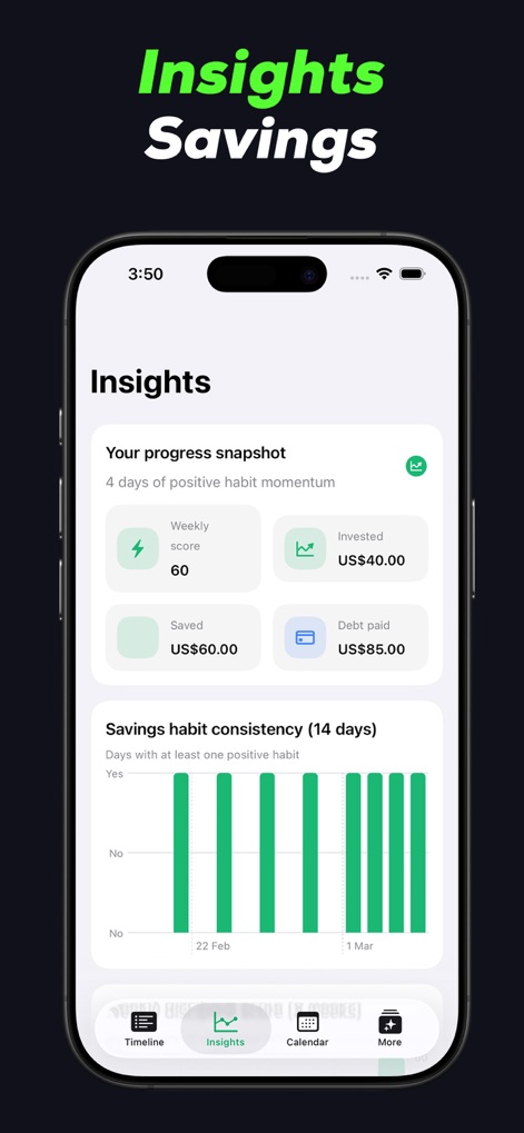 EarnFIow Ultra - This insights screen provides "Your progress snapshot" with metrics like saved and invested amounts, alongside a detailed "Savings habit consistency (14 days)" chart.