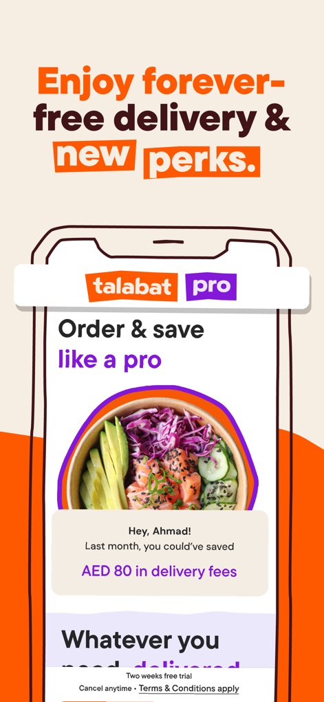 talabat: Food, grocery & more - Le programme talabat Pro est mis en lumière, promettant des économies substantielles sur les frais de livraison, avec un exemple affiché de 'AED 80' et la promesse de 'free delivery'.