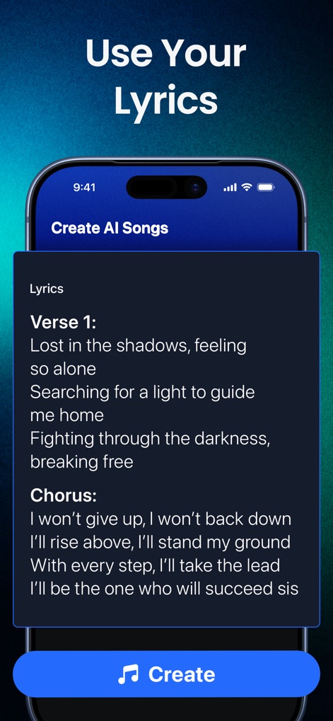 AI Music, Song Generator・Shoom - 이 앱은 'Verse 1'과 'Chorus'로 구분된 텍스트 필드를 통해 사용자가 직접 가사를 입력할 수 있게 하며, 입력된 가사를 바탕으로 AI 곡을 생성할 수 있습니다.