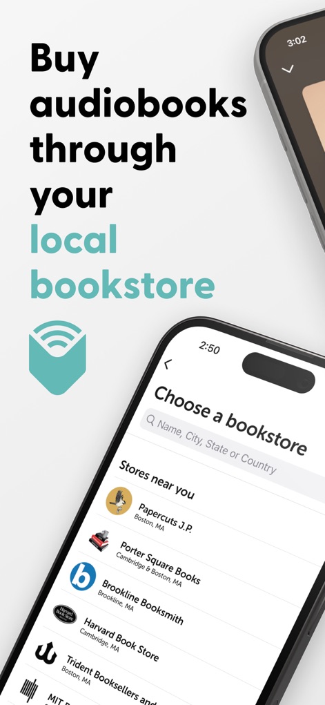 Libro.fm Audiobooks - このアプリでは、ユーザーが希望する地元の書店を選び、その書店を通じてオーディオブックを購入できます。画面には「Stores near you」のリストと、書店を検索できる入力フィールドが表示されています。