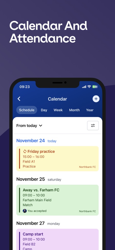 360Player - La interfaz muestra la programación detallada de eventos, como el "Friday practice", y la confirmación de asistencia del usuario, indicada por "You accepted".