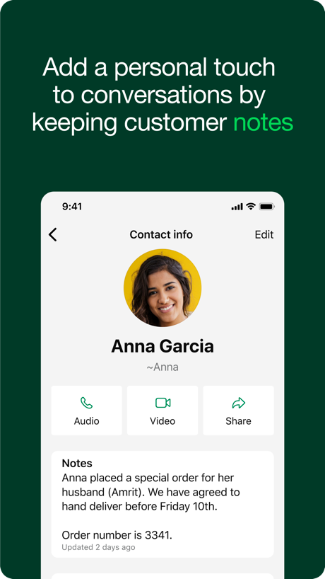 WhatsApp Business App Store screenshot 6, headline “Add a personal touch to conversations by keeping customer notes”. Phone cut off at the foot.