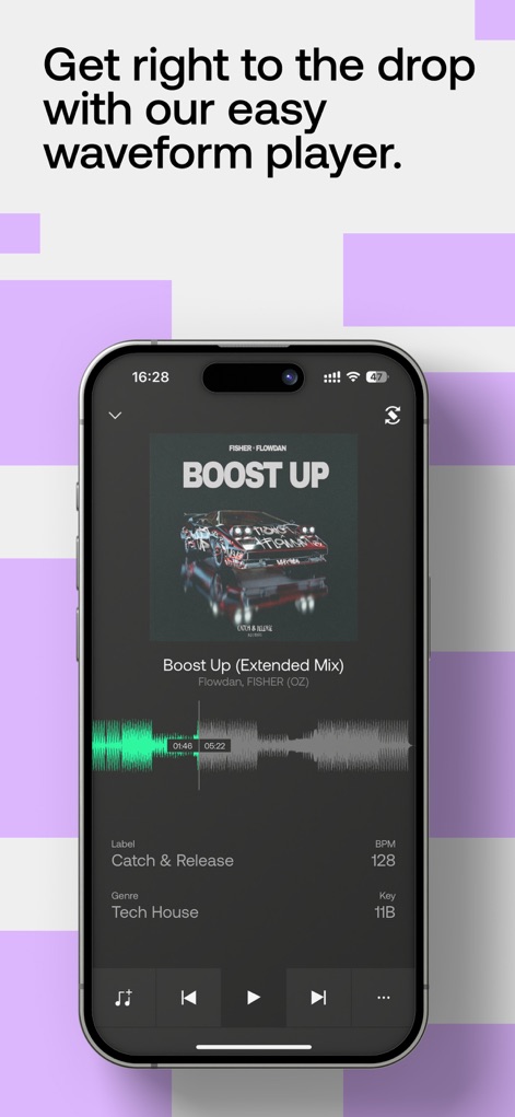 Beatport: Music for DJs App - O aplicativo apresenta um "waveform player" detalhado, permitindo aos DJs visualizar o fluxo da música, e exibe informações essenciais da faixa, como o gênero "Tech House" e o "BPM 128".
