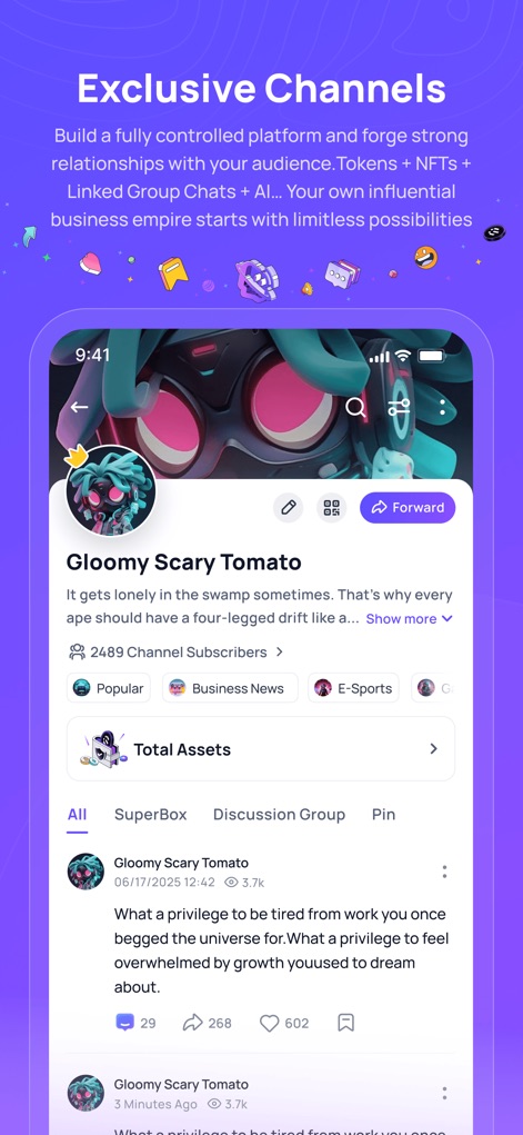 Luffa:Secure Encrypted Chat - Users can manage exclusive channels, viewing "Total Assets" and leveraging features like "SuperBox" for enhanced community interaction.