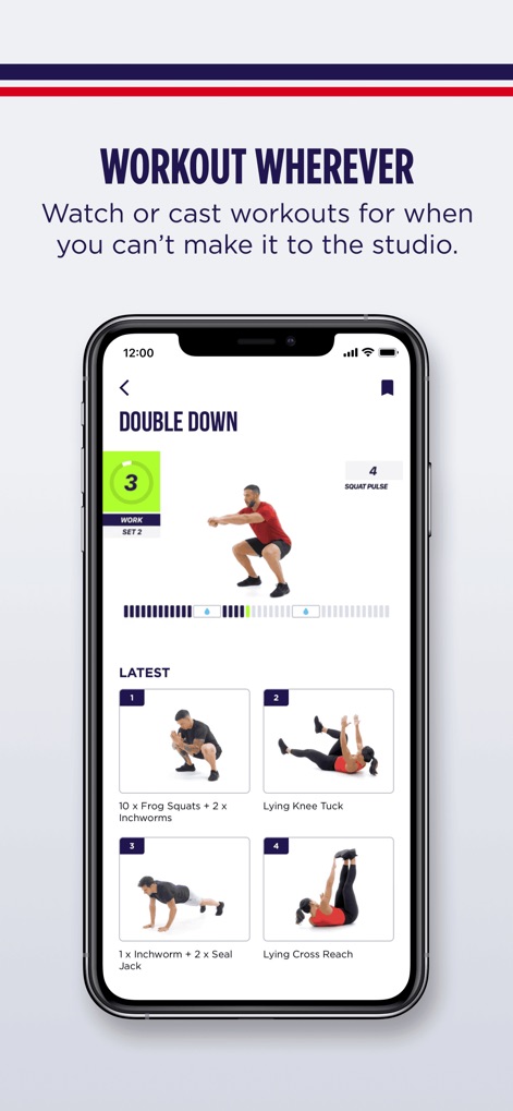 F45 Training - The app delivers convenient on-demand workouts, showcasing current exercises with visual guides and a library of associated movements.