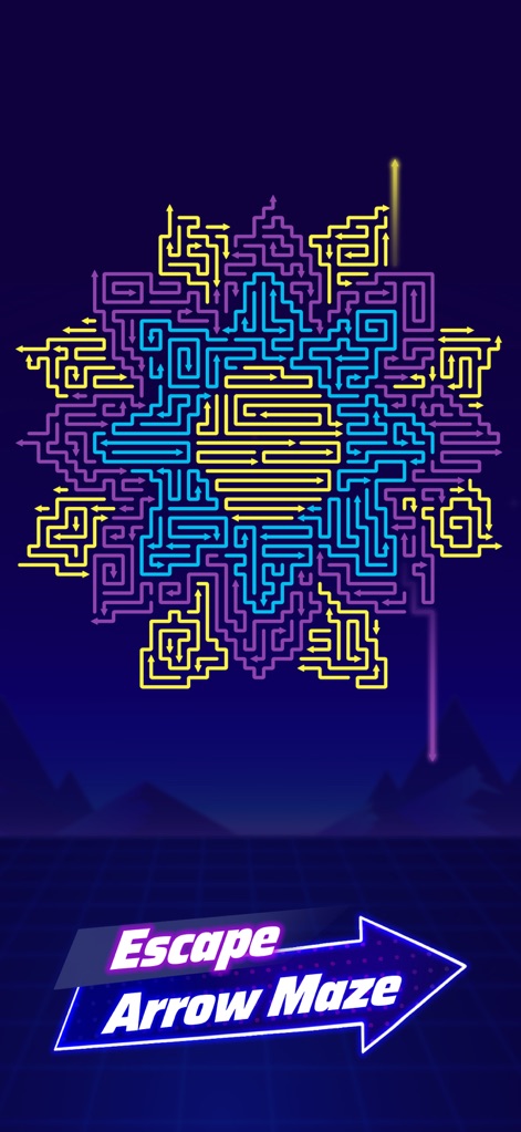 Arrow Game: Color Escape - La aplicación presenta desafíos con un laberinto simétrico y colores vibrantes como amarillo, azul y púrpura, introduciendo la mecánica del juego.