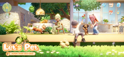 Heartopia - Os jogadores interagem com animais de estimação, incluindo um coelho na grama e um filhote de cachorro sendo segurado, ressaltando o recurso de adoção de animais.