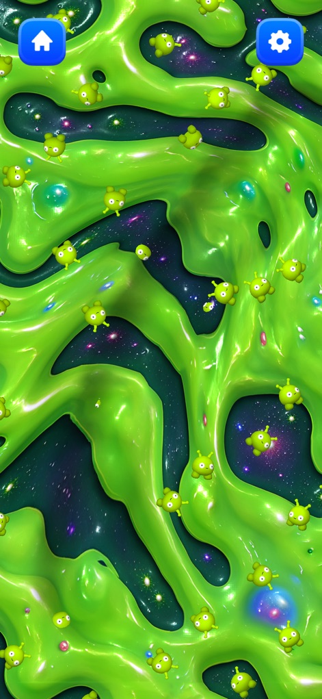Slime Games – ASMR Simulator - 이 앱은 초록색의 끈적한 질감의 슬라임 속에 귀여운 외계 생물체 장식이 떠다니는 모습을 보여주며, 배경의 별이 빛나는 우주 테마가 시각적인 깊이를 더합니다.