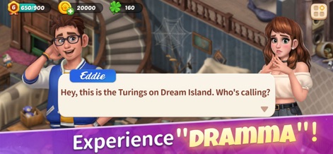 Solitaire Home Design-Fun Game - L'application propose une intrigue captivante grâce à des personnages expressifs comme Eddie et Lori, dont les dialogues narratifs donnent vie à des histoires engageantes.