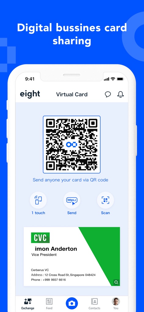 Eight: Business Card Manager - Users can swiftly share their professional details via a scannable QR code, alongside a digital representation of their business card.