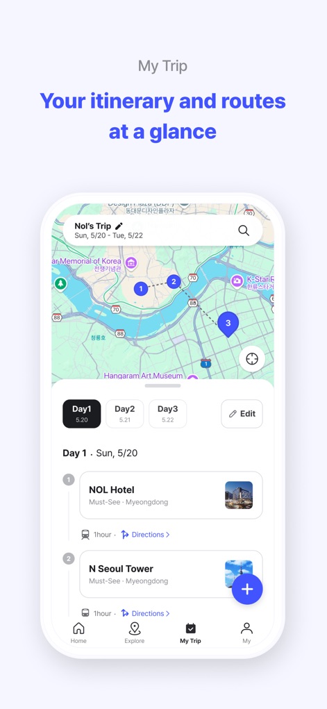 NOL World - This feature allows users to visualize their travel route on an interactive map with numbered stops and detailed daily activity breakdowns for easy planning.