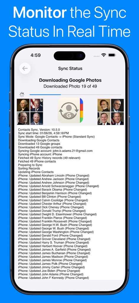 Contacts Sync: Google & More - La visualización de la 'Sync Status' muestra el progreso de la sincronización, incluyendo 'Downloading Google Photos' y un registro detallado de los 'Updated iPhone Contacts' en tiempo real.