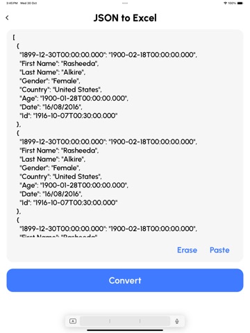 JSON Tools: XLSX CSV to JSON iPad screenshot