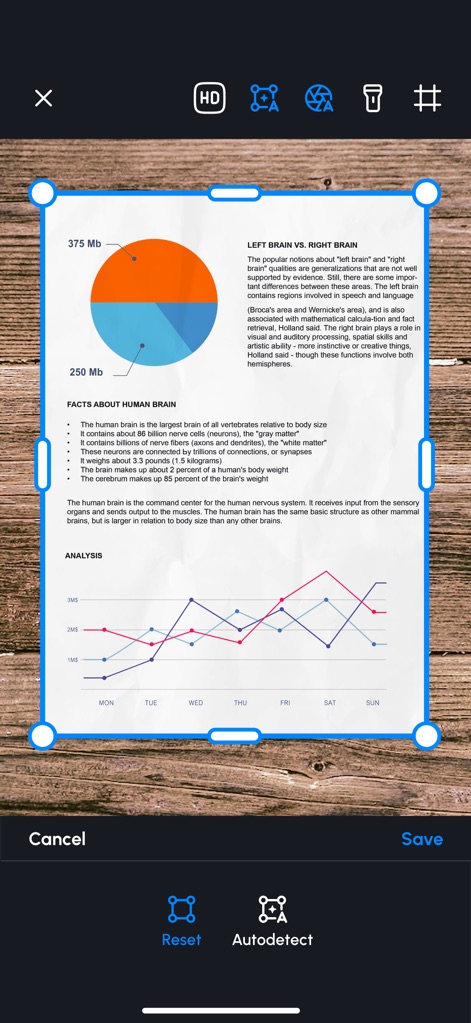 PDF Scanner Pro ⊟ - Os usuários podem refinar a área de corte com as alças brancas de ajuste manual e optar pela detecção automática para um enquadramento perfeito do documento.