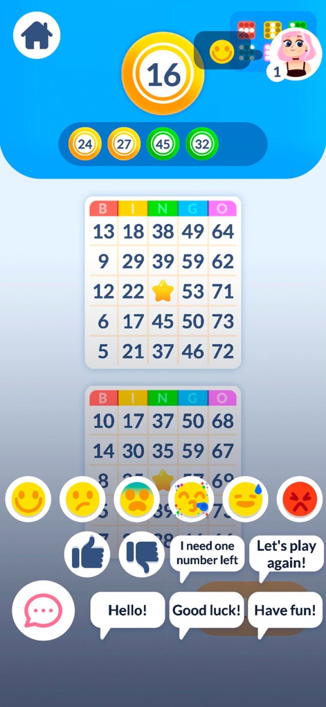 Bingo - Family games - Gli utenti possono migliorare la loro esperienza sociale grazie alla funzione di chat, che include emoticon espressive e frasi rapide predefinite (come 'I need one number left' o 'Hello!') per comunicare istantaneamente con gli altri giocatori durante la partita.