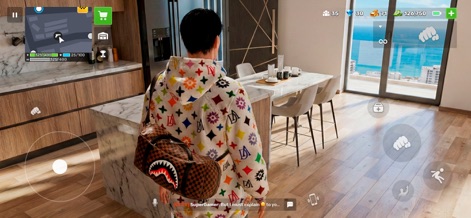 Flex City RP: Online Car Game - Experience the grand criminal lifestyle, showcased by a character in a stylish apartment with a modern kitchen and an ocean view.