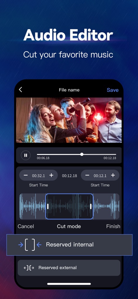 MP3 Converter - Audio Trimmer - The app provides detailed audio editing capabilities, allowing users to precisely trim tracks using the visible waveform editor and adjustable start/end points.