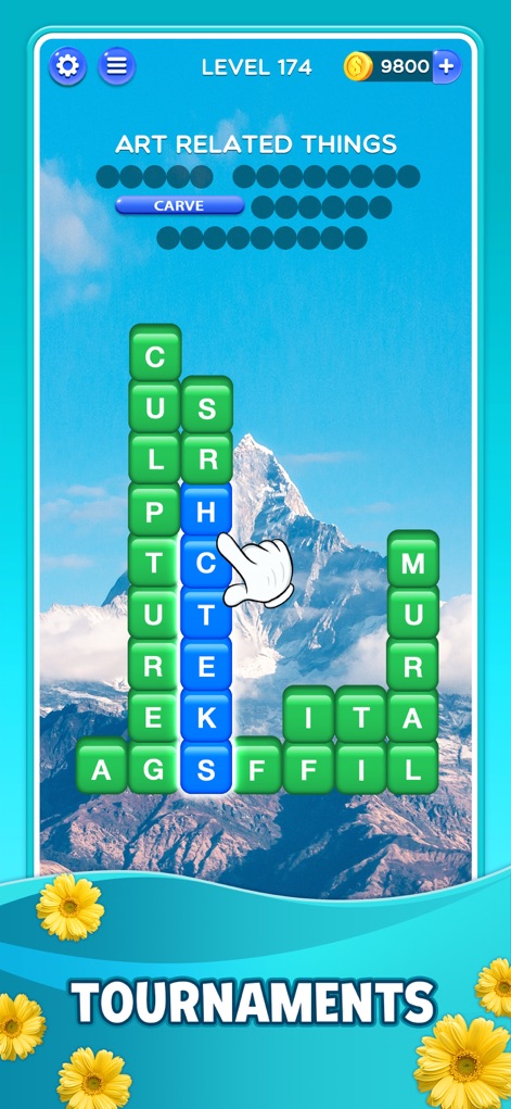 Word Crush® - Fun Puzzle Game - L'app offre puzzle tematici come "ART RELATED THINGS", dove le lettere formano parole sui blocchi di colori vivaci, incorniciati da un suggestivo paesaggio montano sotto un cielo azzurro.