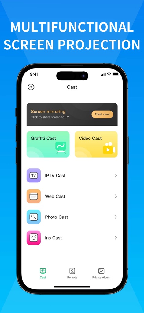Miracast Screen Mirroring . - This tool provides a versatile casting interface, offering distinct options like 'Video Cast' and 'Photo Cast' for diverse media types, all within an intuitive menu structure.