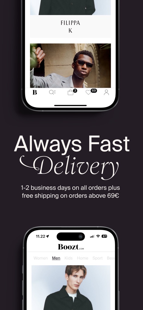Boozt.com - Users can browse various product listings while being assured of 'Always Fast Delivery', a key service highlighted visually.