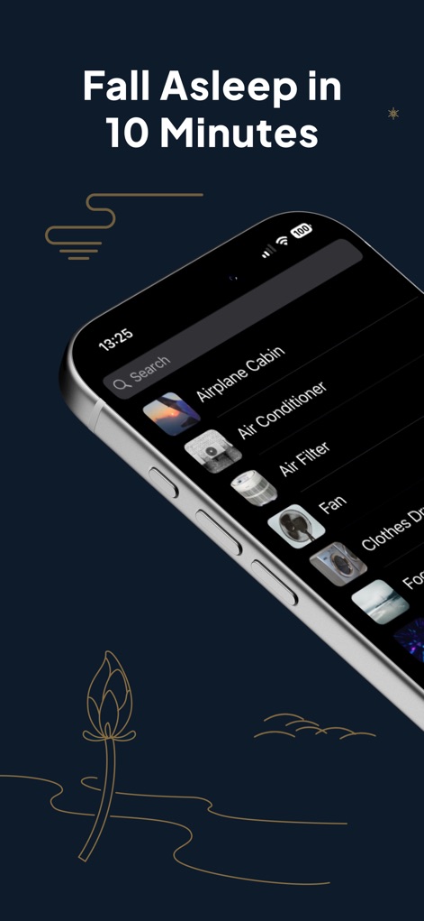 White Noise Deep Sleep Sounds - La interfaz ilustra la promesa de la aplicación de ayudar a "Fall Asleep in 10 Minutes", mostrando una pantalla de exploración de sonidos detallada con categorías como "Airplane Cabin" y "Air Filter".