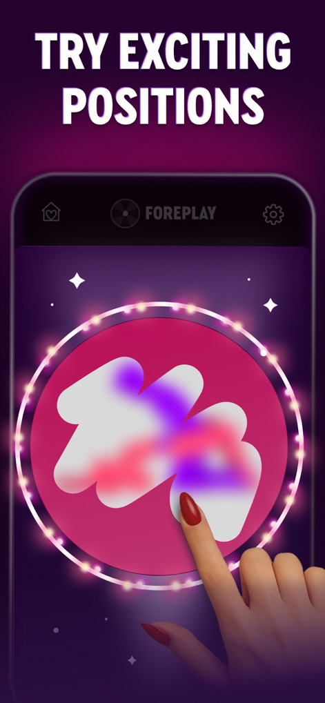 Couples games: Sex Roulette - Discover fresh experiences through the intuitive circular interface, where users can interact with abstract shapes and explore options like the 'FOREPLAY' tab.