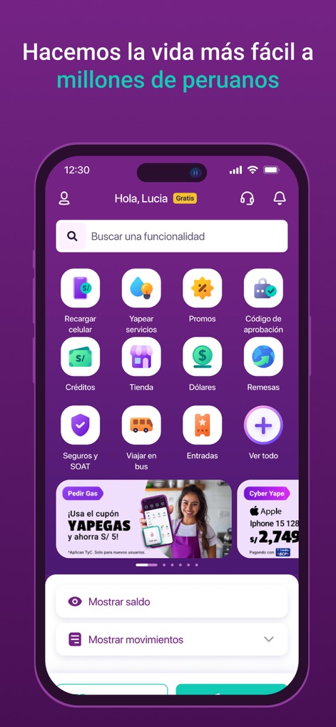 Yape - Discover the app's intuitive main dashboard, featuring a comprehensive icon-based menu for services and a dedicated section to effortlessly view balances and transactions.