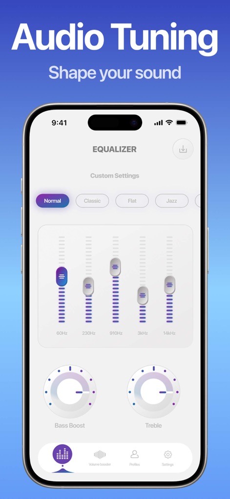 Equalizer & Bass Booster FX - Questo strumento permette una sintonizzazione dettagliata, presentando i fader individuali per le bande di frequenza e i controlli rotanti per Bass Boost e Treble in una interfaccia chiara.
