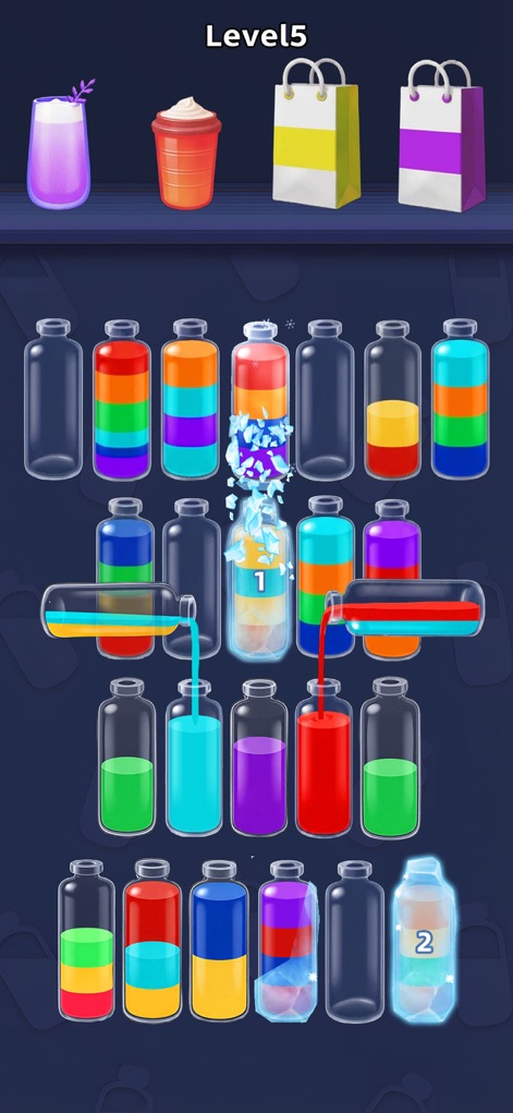 Water Jam Sort - Match Puzzle - Dive into Level 5, revealing special numbered bottles that introduce freezing or mystery effects, alongside the target items displayed at the top, adding strategic depth to the gameplay.
