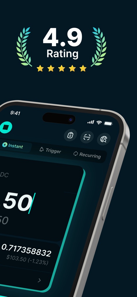 Jupiter Mobile - Solana Wallet - Observe the impressive 4.9-star rating, alongside the intuitive "Instant", "Trigger", and "Recurring" options for advanced swaps.