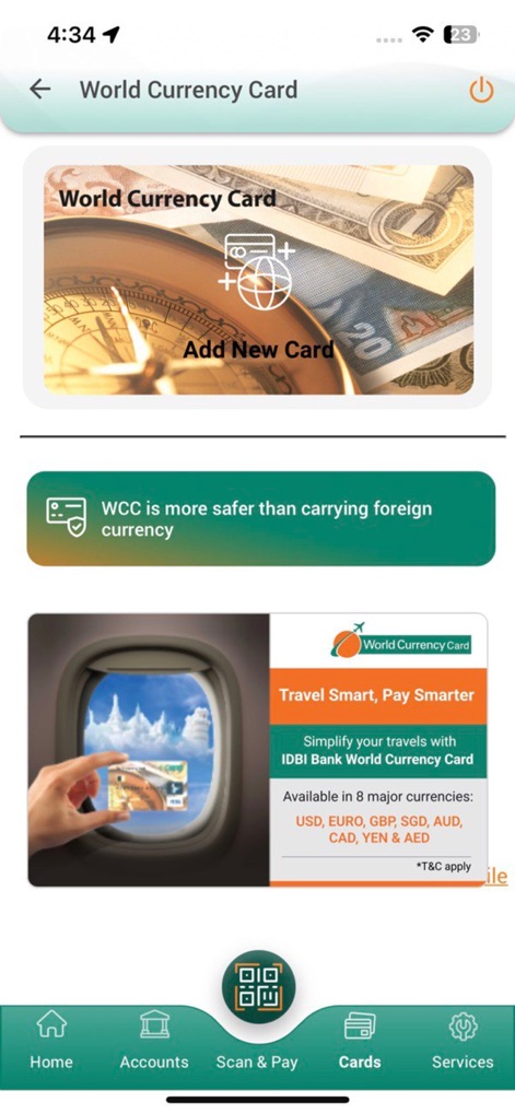 IDBI Bank GO Mobile+ - The app facilitates seamless management of the World Currency Card, showcasing the "Add New Card" option and highlighting the "8 major currencies" supported.