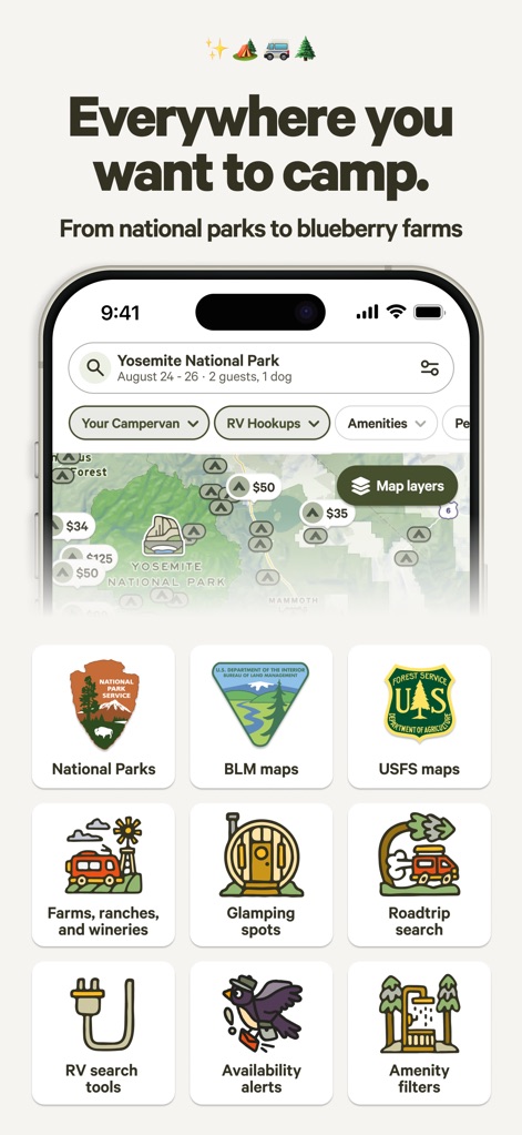 Hipcamp: Camping, RVs & Cabins - L'application permet aux utilisateurs de visualiser sur une carte interactive les multiples options de camping, depuis les parcs nationaux jusqu'aux fermes privées, et de filtrer facilement les résultats grâce à des catégories thématiques (comme "Farms, ranches, and wineries" et "Glamping spots").