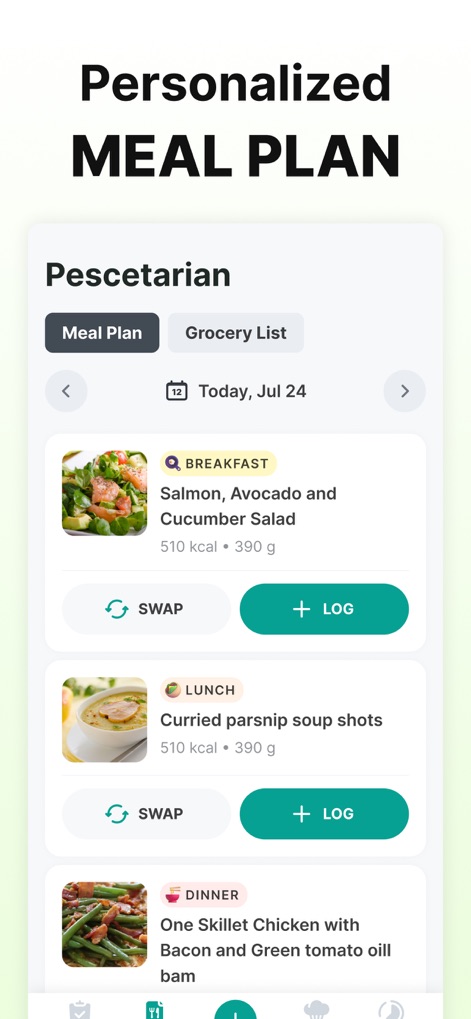 ‎Calorie Counter: Food Tracker - Los usuarios disfrutan de planes de comidas personalizados, como el plan 'Pescetarian', que presenta opciones detalladas para el desayuno ('Salmon, Avocado and Cucumber Salad') y el almuerzo, facilitando la planificación dietética.