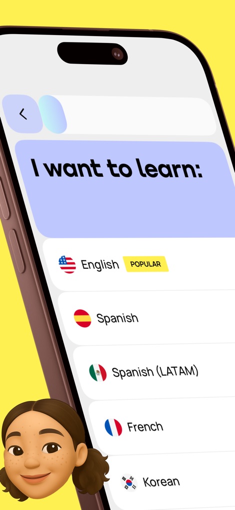 Promova: Language Learning App - Nutzer können hier ihre Zielsprache auswählen, wobei Englisch als "POPULAR" markiert ist und eine intuitive Liste der verfügbaren Sprachen wie Spanisch und Französisch präsentiert wird.