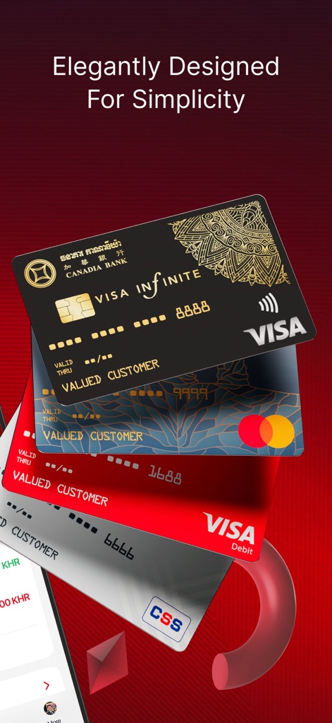 Canadia Bank App - La aplicación permite la visualización de diferentes tipos de tarjetas como 'Visa Infinite' y 'Visa Debit', destacando su diseño elegante y variedad de opciones.