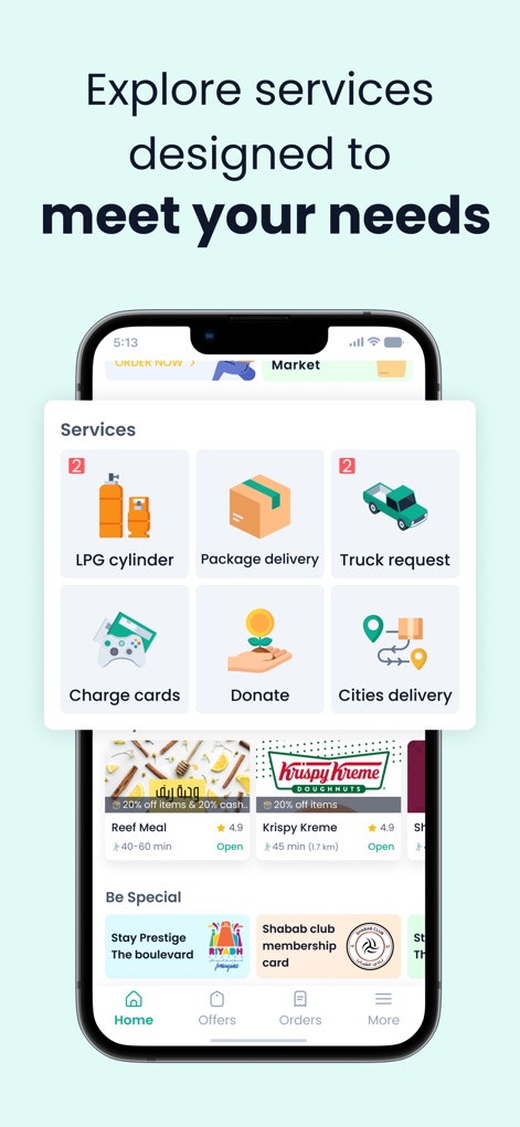 Mr Mandoob | Anything Delivery - Esta captura destaca la amplia gama de "Servicios" disponibles, desde la "Entrega de paquetes" hasta la "Solicitud de camión", mostrando la capacidad de la aplicación para cubrir diversas necesidades logísticas.