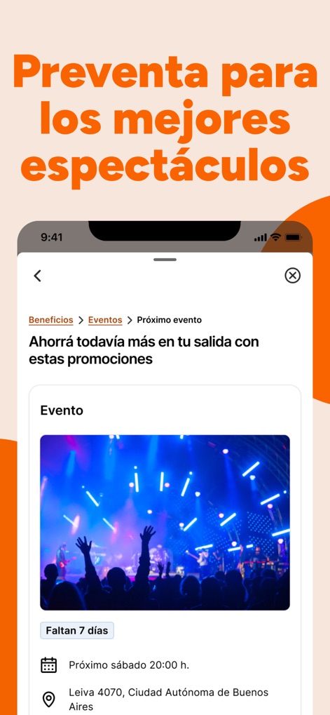 Galicia - El banco en tu celu - ユーザーはトップクラスのエンターテイメントイベントの先行販売情報にアクセスでき、魅力的なイベントイメージや詳細な開催地情報（例: Leiva 4070）を閲覧できます。