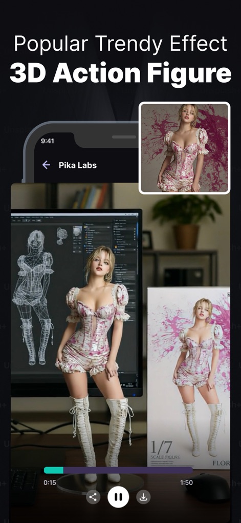 Pika Labs: AI Trend Effects - Découvrez l'effet populaire de figurine d'action 3D, présentant la modélisation filaire d'un personnage féminin et son rendu final stylisé.