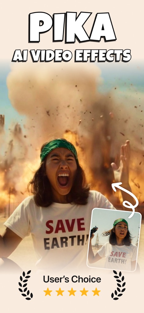 Pika Art - AI Video Effects - Esta ferramenta transforma fotos simples em cenas dinâmicas com efeitos impressionantes, como a explosão ao fundo, evidenciando a transformação de imagem para vídeo.