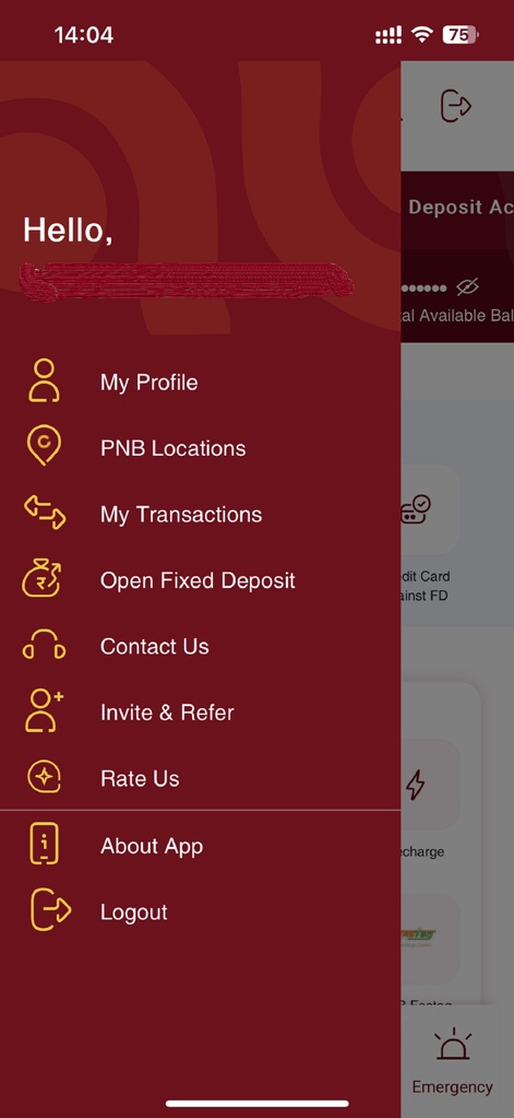 PNB ONE - This comprehensive side menu offers quick access to account management, including 'My Profile' for personal details and 'My Transactions' for history review.