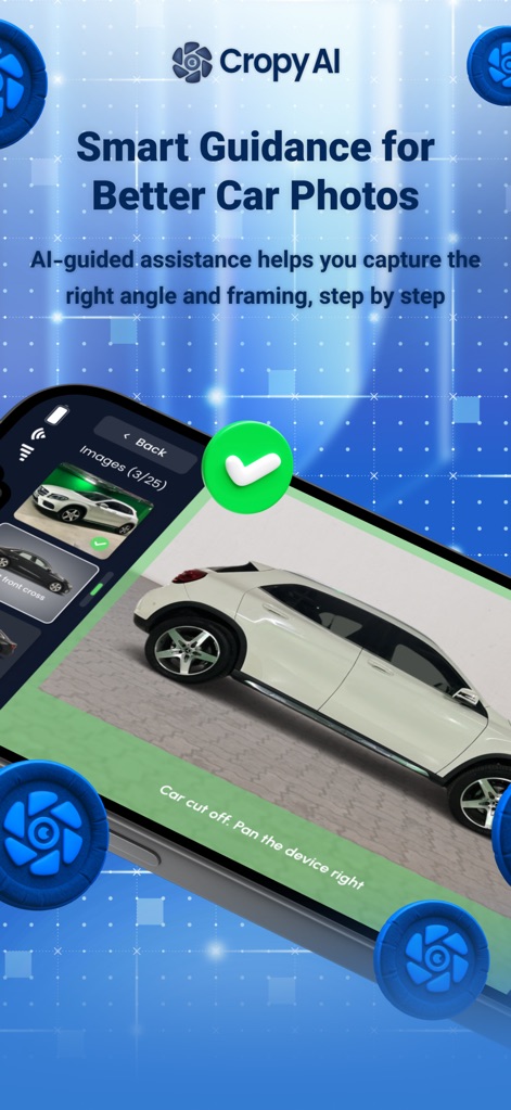 Cropy AI: Car Studio - Cet outil propose une assistance en temps réel pour l'angle de prise de vue et un cadrage optimal des véhicules, garantissant des images parfaites.