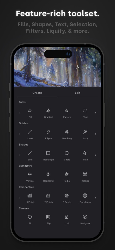 Infinite Painter - Discover the app's extensive toolkit, featuring dedicated sections for precise Guides and versatile Symmetry options, empowering diverse creative workflows.