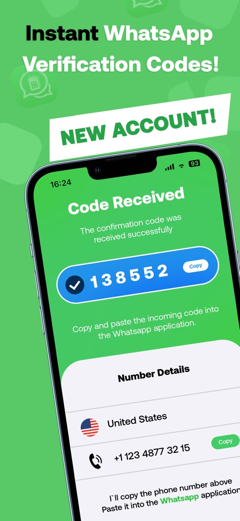 wNum | Number for WA Business - The app streamlines account setup by instantly displaying the "Code Received" message and providing a convenient "Copy" button for the verification code.