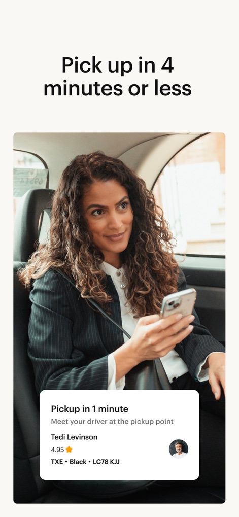 Gett: Book black taxis - This tool showcases instant pickup alerts, such as a 'Pickup in 1 minute' notification, ensuring rapid service within the spacious and comfortable black cab interior.