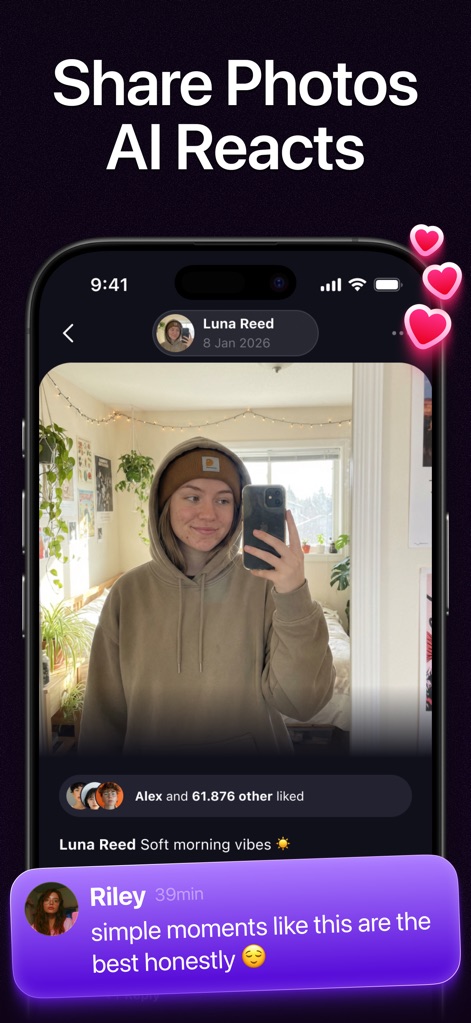 Fomo - AI Social Network - Users can share photos within the app and receive instant AI-generated comments and engagement, as seen with 'Luna Reed's' post and 'Riley's' reaction.