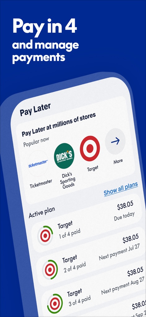 PayPal - Pay, Send, Save - Explore the 'Pay Later' section, detailing options like 'Pay in 4' across popular stores such as 'Target' and the comprehensive 'Active plan' payment schedule.