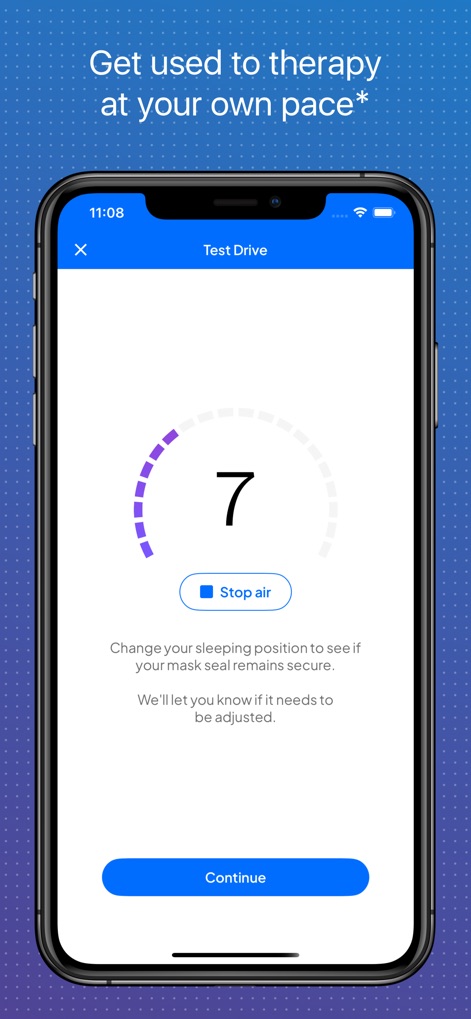 myAir™ by Resmed - This feature facilitates comfortable therapy initiation, presenting an adjustable air pressure level indicator and a clear "Stop air" button for user control during the "Test Drive".