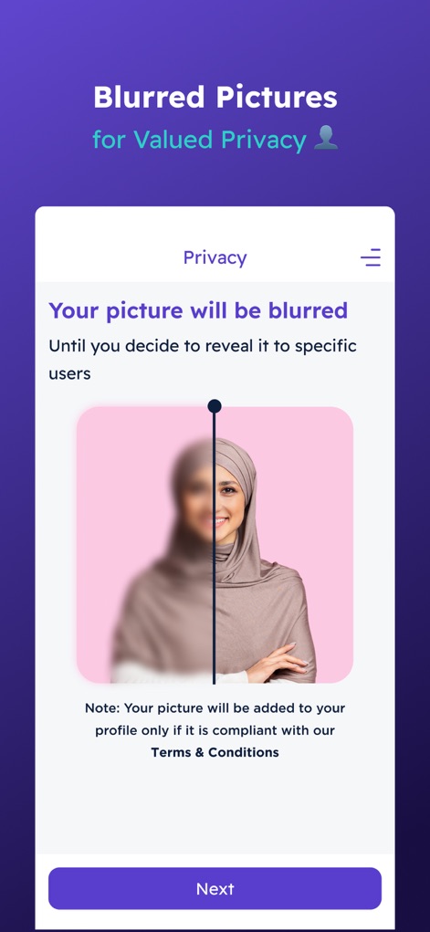 AlKhattaba - Muslim Marriage - The app prioritizes user privacy through default blurred photos, accompanied by an explicit privacy explanation that details photo visibility settings.