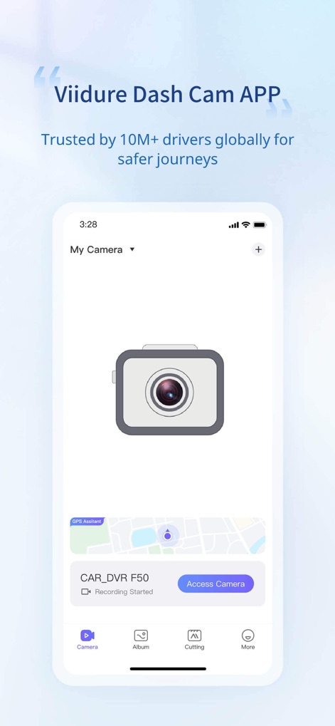 Viidure - Die App präsentiert einen direkten Zugang zur Kameraverbindung durch das große Kamera-Symbol und bietet über die Navigationsleiste am unteren Rand schnelle Wechsel zu den Bereichen Album und Bearbeitung.